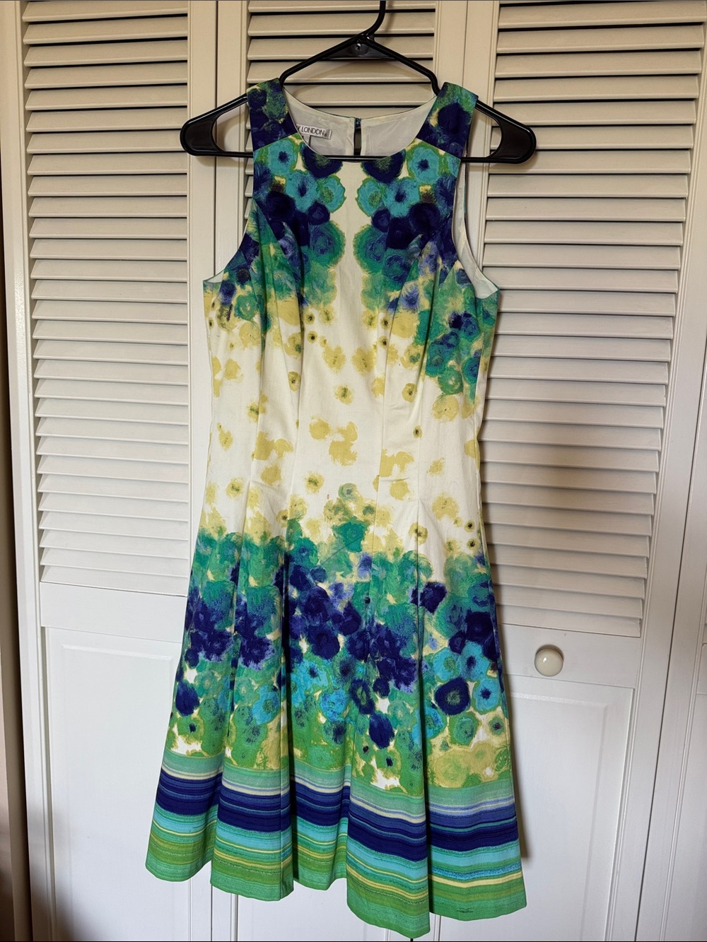 Maggy London White Dress with Blue and Green Floral Border